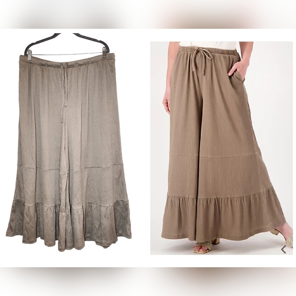 Peace Love World Beige Tiered Wideleg Cropped wideleg gaucho pants. Large